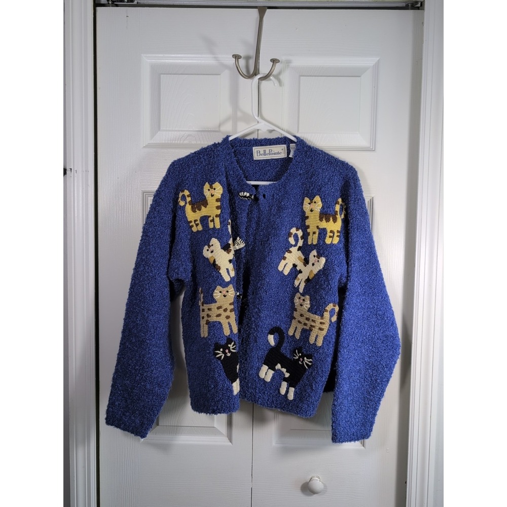 Belle Pointe Vintage 80s Wool Cat Themed Sweater Cardigan Womens Medium